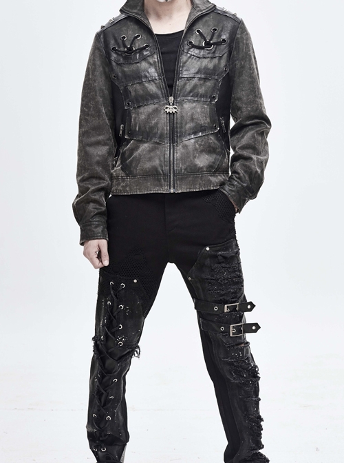 Stand-Up Collar Metal Rivet Decoration Front Chest Bandage Grey Punk Coat