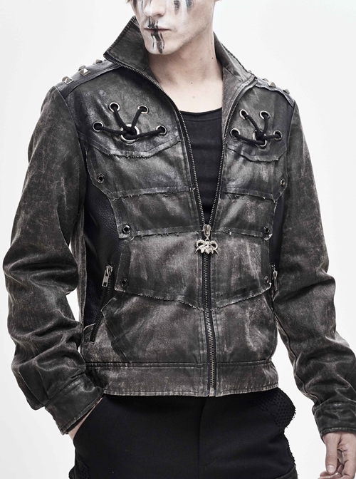 Stand-Up Collar Metal Rivet Decoration Front Chest Bandage Grey Punk Coat
