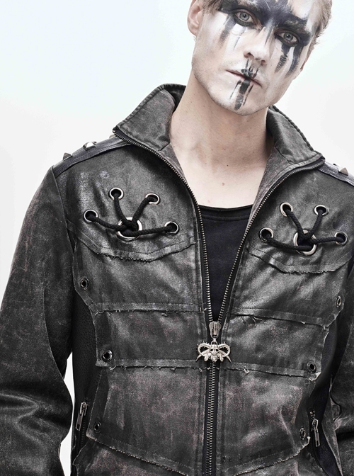 Stand-Up Collar Metal Rivet Decoration Front Chest Bandage Grey Punk Coat