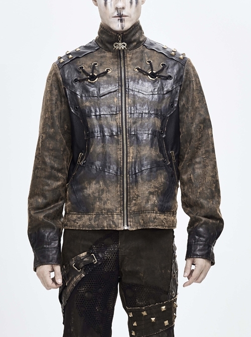 Stand-Up Collar Metal Rivet Decoration Front Chest Bandage Brown Punk Coat