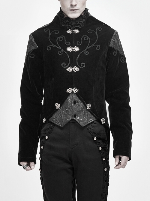 Front Chest Hand Embroidery Vintage Hook Clasp Black Gothic Weft Velvety Coat