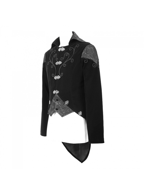 Front Chest Hand Embroidery Vintage Hook Clasp Black Gothic Weft Velvety Coat