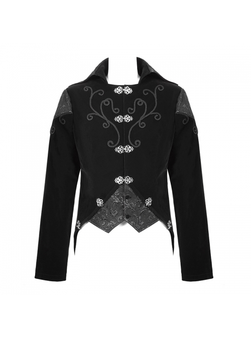 Front Chest Hand Embroidery Vintage Hook Clasp Black Gothic Weft Velvety Coat