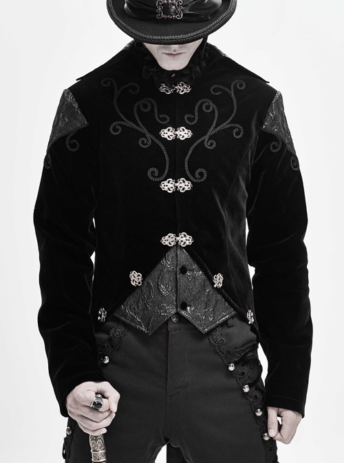 Front Chest Hand Embroidery Vintage Hook Clasp Black Gothic Weft Velvety Coat