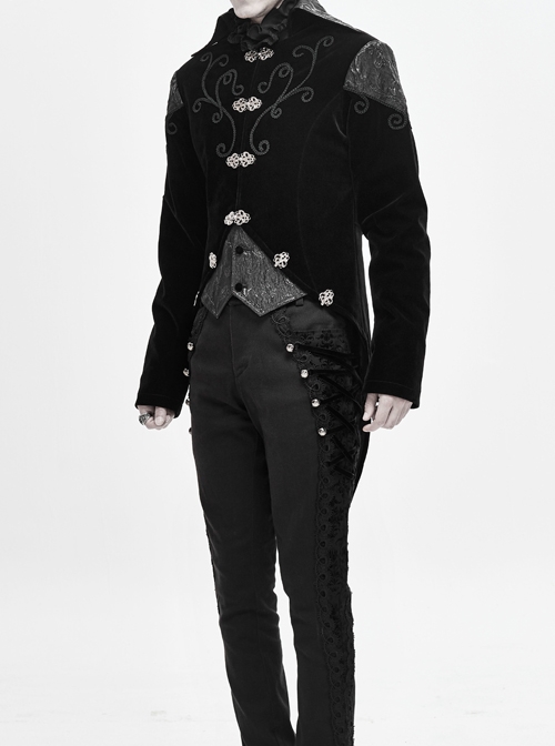 Front Chest Hand Embroidery Vintage Hook Clasp Black Gothic Weft Velvety Coat