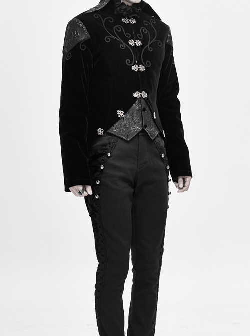 Front Chest Hand Embroidery Vintage Hook Clasp Black Gothic Weft Velvety Coat