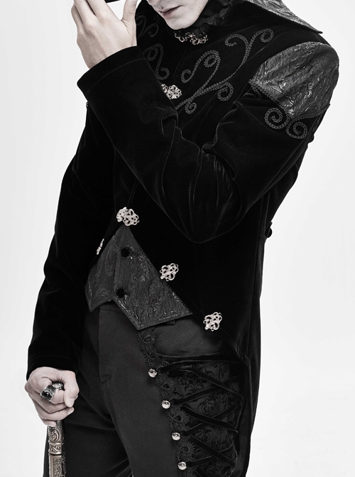 Front Chest Hand Embroidery Vintage Hook Clasp Black Gothic Weft Velvety Coat