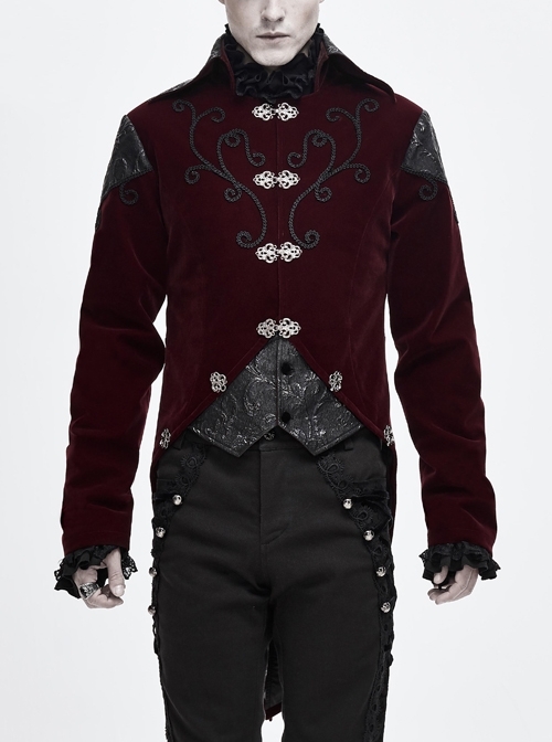 Front Chest Hand Embroidery Vintage Hook Clasp Wine Red Gothic Weft Velvety Coat