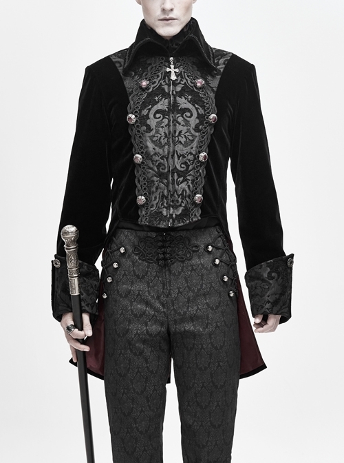 Front Chest Embroidery Retro Glass Button Black Gothic Weft Velvety Coat