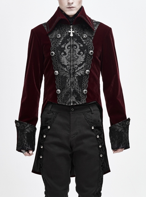 Front Chest Embroidery Retro Glass Button Wine Red Gothic Weft Velvety Coat