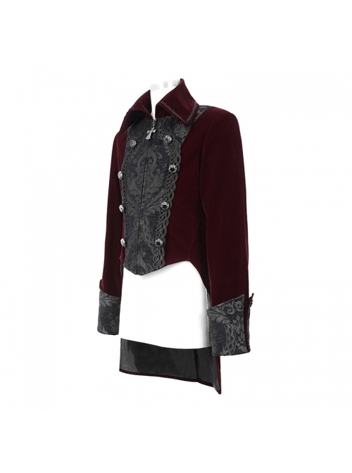Front Chest Embroidery Retro Glass Button Wine Red Gothic Weft Velvety Coat