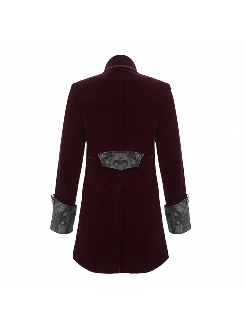Front Chest Embroidery Retro Glass Button Wine Red Gothic Weft Velvety Coat