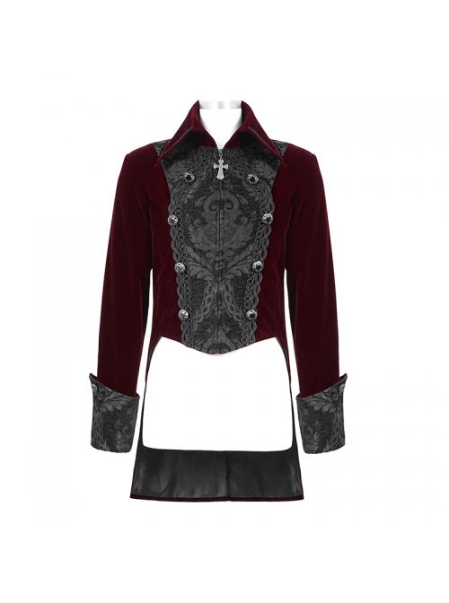 Front Chest Embroidery Retro Glass Button Wine Red Gothic Weft Velvety Coat
