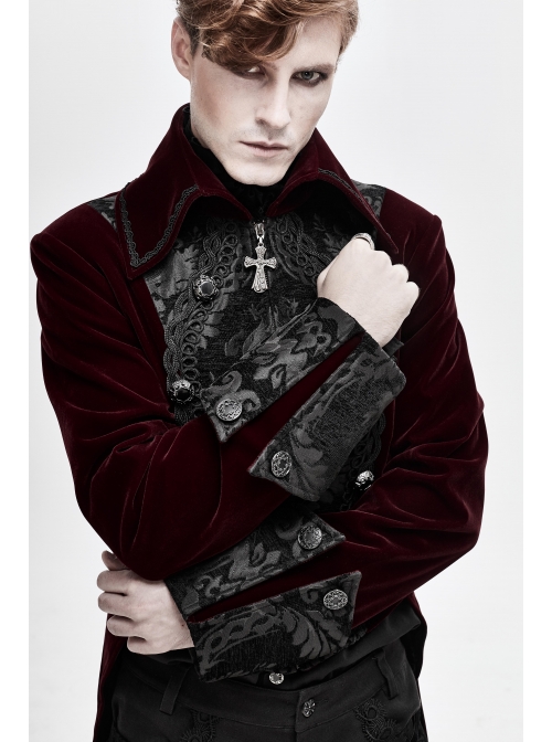 Front Chest Embroidery Retro Glass Button Wine Red Gothic Weft Velvety Coat