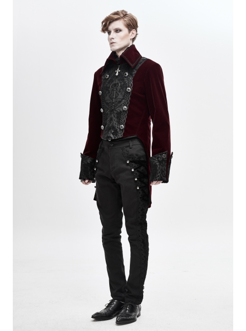 Front Chest Embroidery Retro Glass Button Wine Red Gothic Weft Velvety Coat