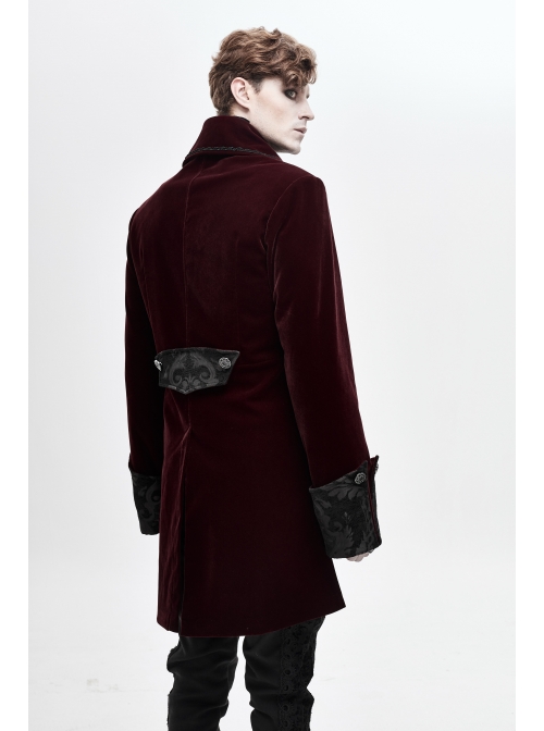 Front Chest Embroidery Retro Glass Button Wine Red Gothic Weft Velvety Coat