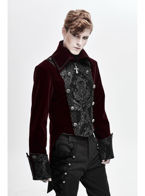 Front Chest Embroidery Retro Glass Button Wine Red Gothic Weft Velvety Coat