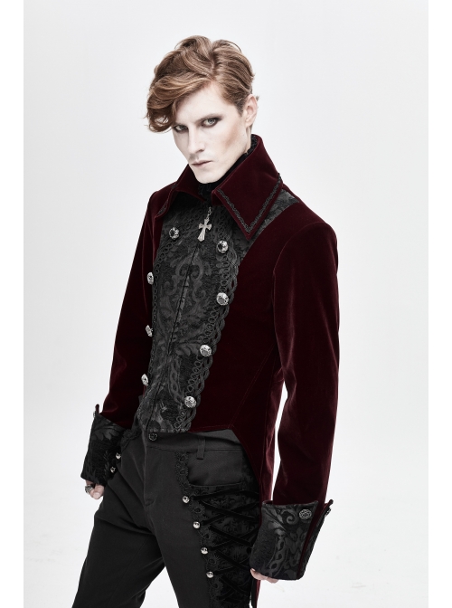 Front Chest Embroidery Retro Glass Button Wine Red Gothic Weft Velvety Coat