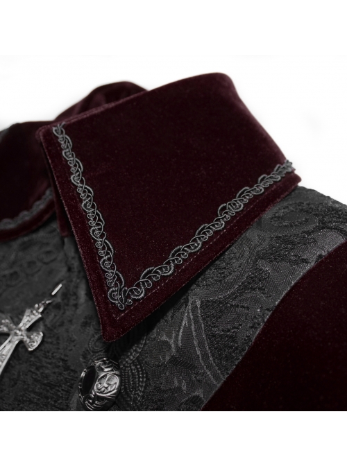 Front Chest Embroidery Retro Glass Button Wine Red Gothic Weft Velvety Coat