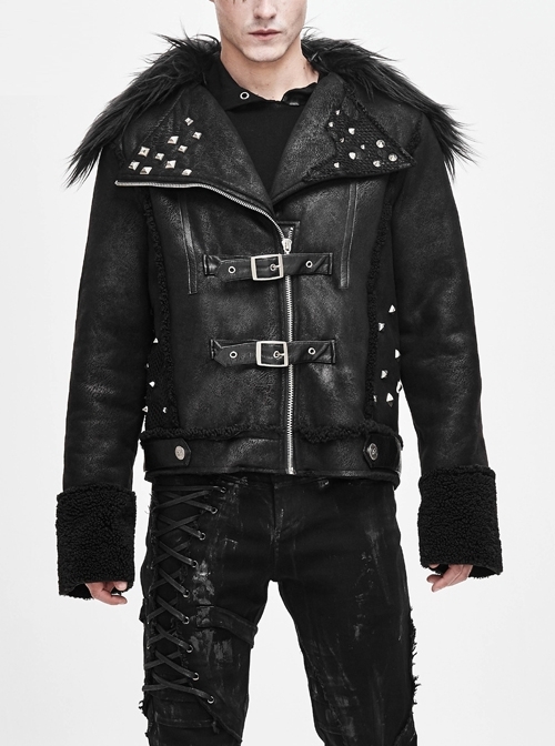 Fur Collar Leather Hasp Splice Mesh Metal Rivet Decoration Black Punk Wool Coat