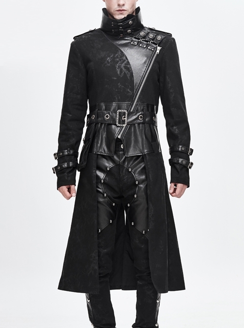 Stand-Up Collar Metal Hasp Leather Belt Black Punk Hand Rub Leather Long Coat