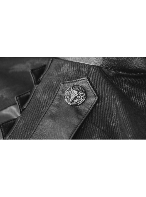 Stand-Up Collar Metal Hasp Leather Belt Black Punk Hand Rub Leather Long Coat