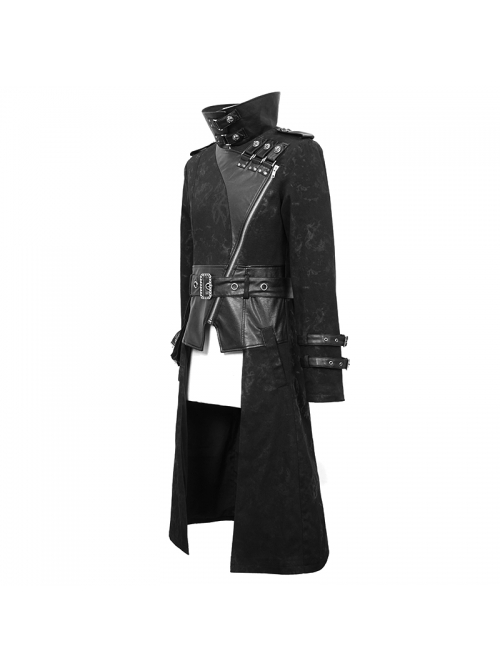 Stand-Up Collar Metal Hasp Leather Belt Black Punk Hand Rub Leather Long Coat