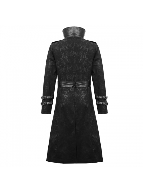 Stand-Up Collar Metal Hasp Leather Belt Black Punk Hand Rub Leather Long Coat