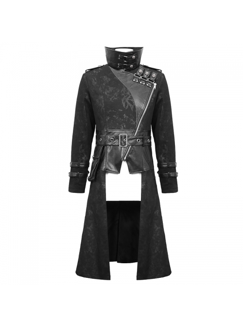 Stand-Up Collar Metal Hasp Leather Belt Black Punk Hand Rub Leather Long Coat