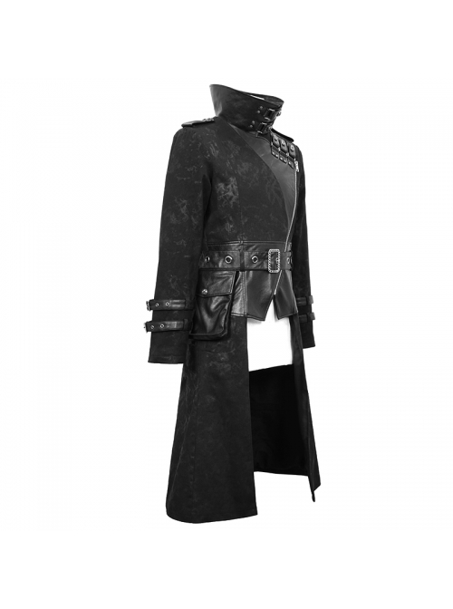 Stand-Up Collar Metal Hasp Leather Belt Black Punk Hand Rub Leather Long Coat