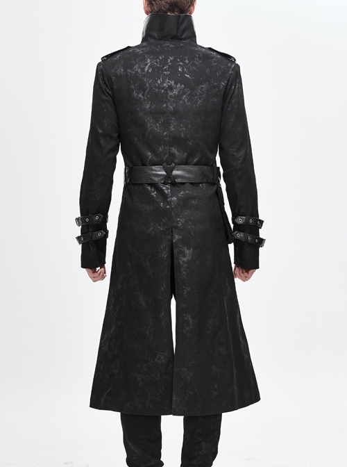 Stand-Up Collar Metal Hasp Leather Belt Black Punk Hand Rub Leather Long Coat