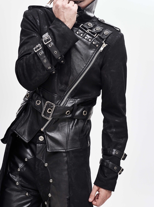 Stand-Up Collar Metal Hasp Leather Belt Black Punk Hand Rub Leather Long Coat