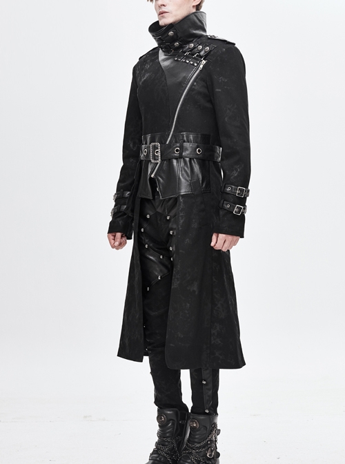 Stand-Up Collar Metal Hasp Leather Belt Black Punk Hand Rub Leather Long Coat