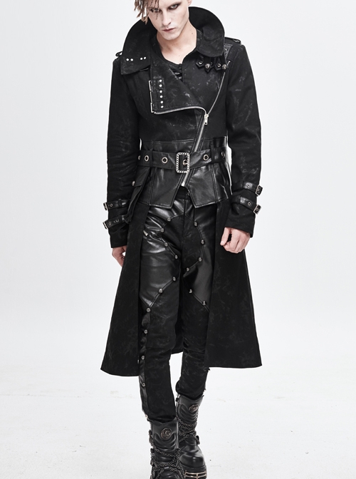 Stand-Up Collar Metal Hasp Leather Belt Black Punk Hand Rub Leather Long Coat