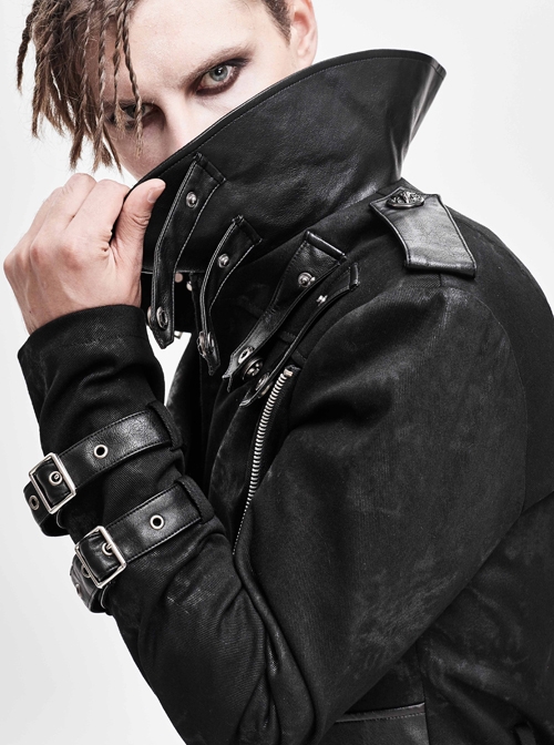 Stand-Up Collar Metal Hasp Leather Belt Black Punk Hand Rub Leather Long Coat