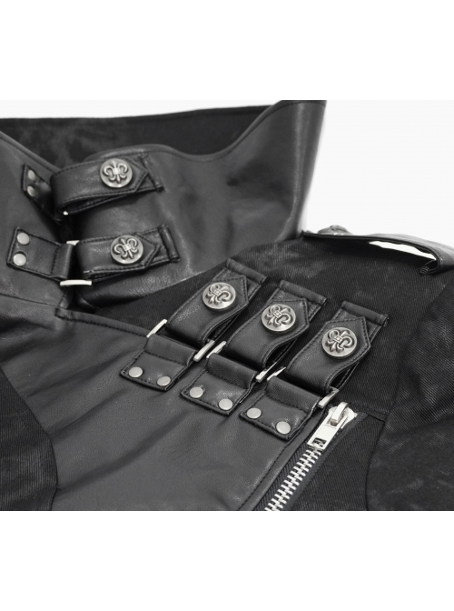 Stand-Up Collar Metal Hasp Leather Belt Black Punk Hand Rub Leather Long Coat