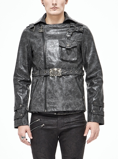 Metal Skull Decoration Metal Eyelets Belt Black Punk Painted Pattern Leather Coat