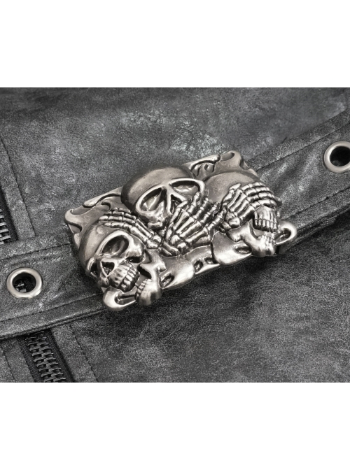 Metal Skull Decoration Metal Eyelets Belt Black Punk Painted Pattern Leather Coat