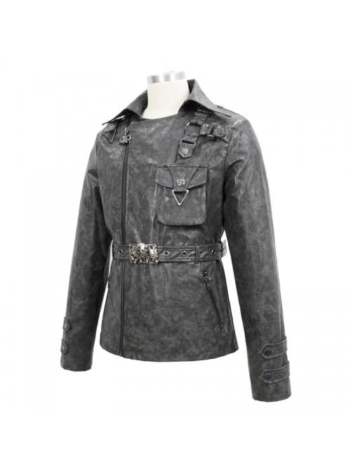 Metal Skull Decoration Metal Eyelets Belt Black Punk Painted Pattern Leather Coat