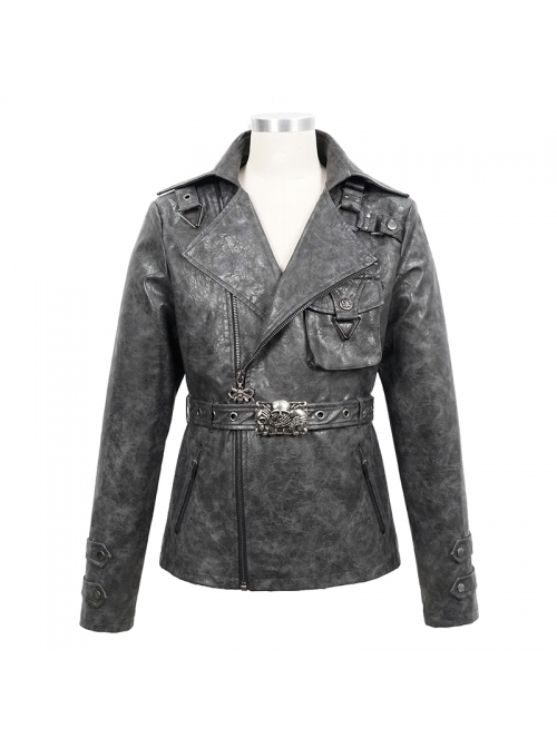 Metal Skull Decoration Metal Eyelets Belt Black Punk Painted Pattern Leather Coat