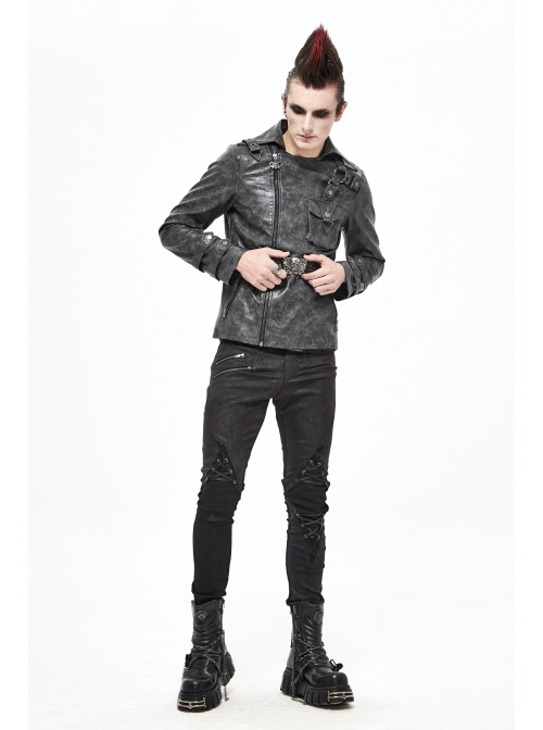 Metal Skull Decoration Metal Eyelets Belt Black Punk Painted Pattern Leather Coat