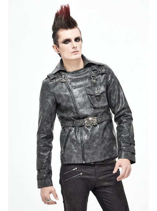 Metal Skull Decoration Metal Eyelets Belt Black Punk Painted Pattern Leather Coat