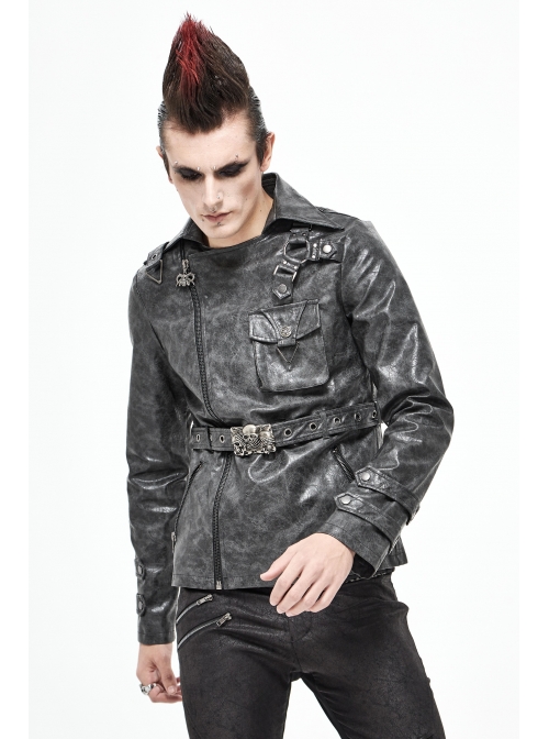 Metal Skull Decoration Metal Eyelets Belt Black Punk Painted Pattern Leather Coat