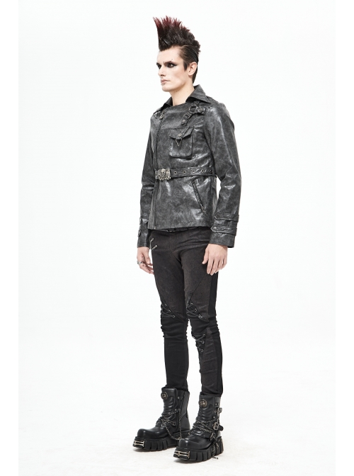 Metal Skull Decoration Metal Eyelets Belt Black Punk Painted Pattern Leather Coat