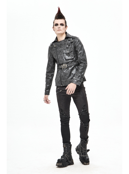 Metal Skull Decoration Metal Eyelets Belt Black Punk Painted Pattern Leather Coat