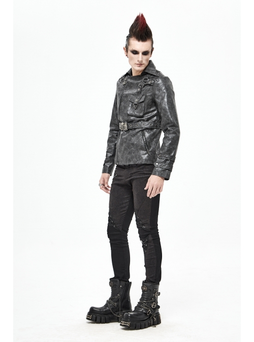 Metal Skull Decoration Metal Eyelets Belt Black Punk Painted Pattern Leather Coat