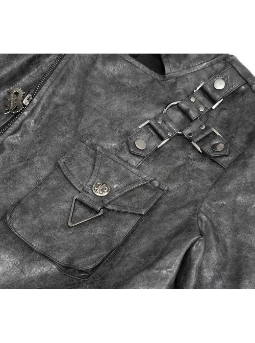 Metal Skull Decoration Metal Eyelets Belt Black Punk Painted Pattern Leather Coat