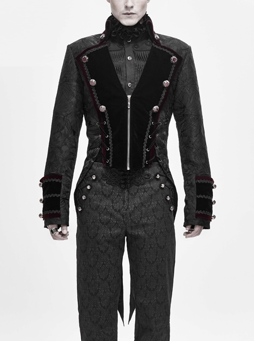 Stand-Up Collar Front Chest Metal Retro Button Back Waist Lace-Up Dovetail Hem Black Gothic Jacquard Coat