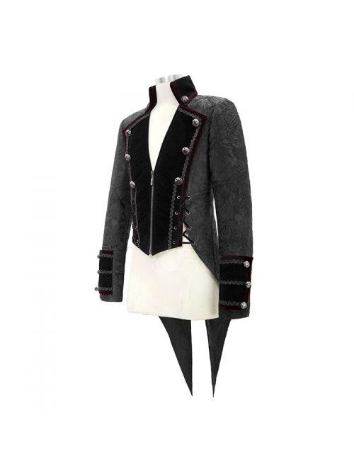 Stand-Up Collar Front Chest Metal Retro Button Back Waist Lace-Up Dovetail Hem Black Gothic Jacquard Coat