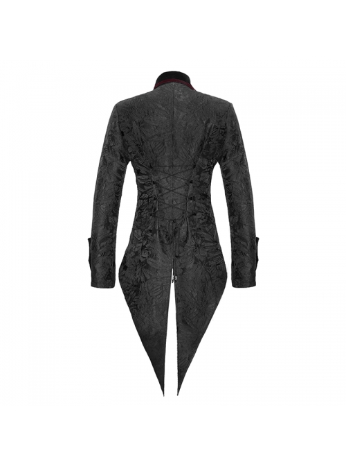 Stand-Up Collar Front Chest Metal Retro Button Back Waist Lace-Up Dovetail Hem Black Gothic Jacquard Coat
